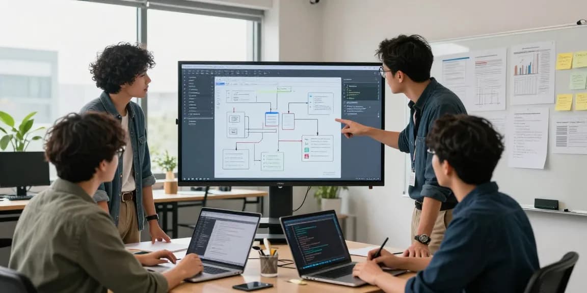 Build internal tools with AI in a collaborative office setting showcasing teamwork and software innovation.