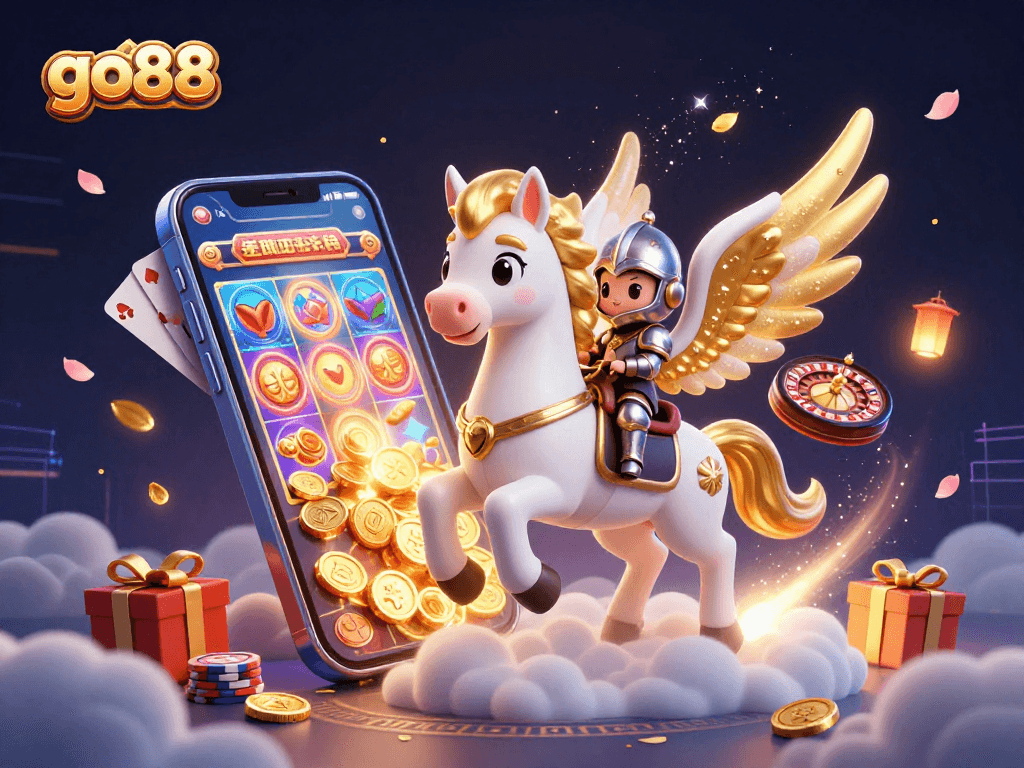 Play thrilling slots with go88, featuring a celestial horse, golden coins, and vibrant gaming elements