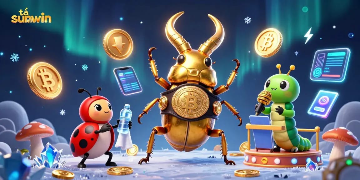 Engage with tải sunwin through an exciting scene featuring a golden beetle boxing champion amidst vibrant crypto elements in a casino.