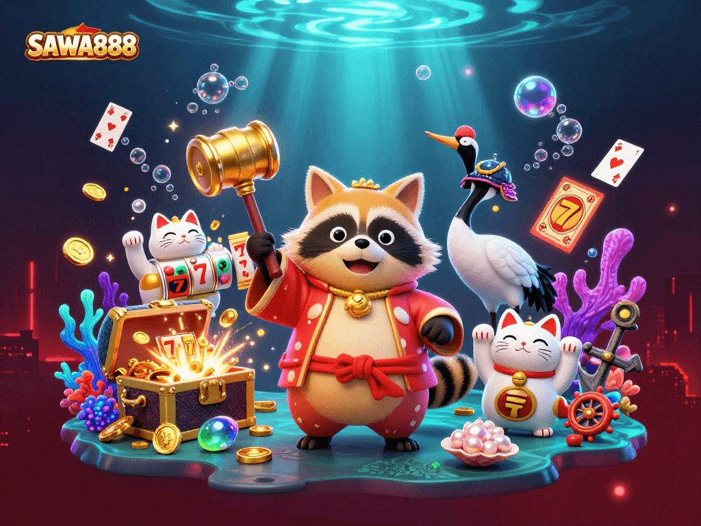 SAWA888 brings fortune with cheerful tanuki, crane, and waving maneki-neko in vibrant casino scene.
