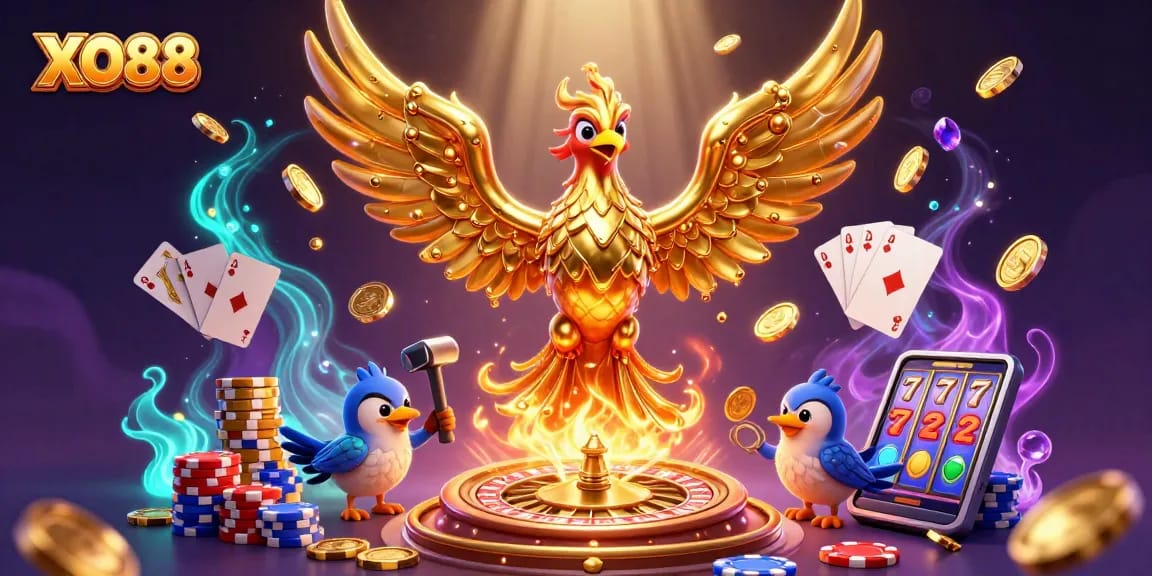 Engage with thrilling adventures at XO88, featuring stunning casino elements and a molten gold phoenix.