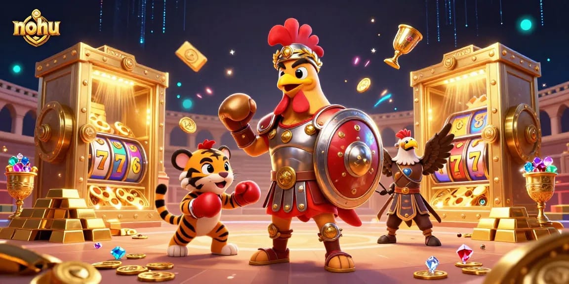 Nohu players enjoy vibrant 3D illustrated casino scene featuring a gladiator rooster and gold treasures.