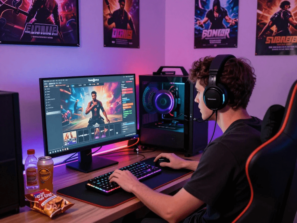 Player immersed in a thrilling porn game with vibrant gaming setup