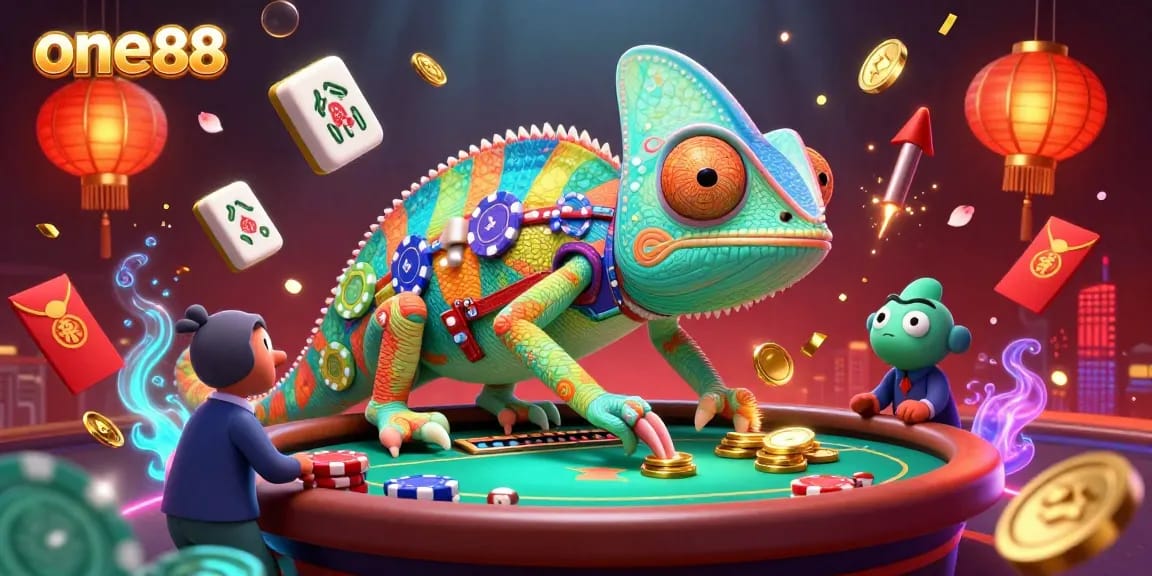 Experience the thrill at one88, where a chameleon casino owner interacts with mahjong tiles and golden coins.