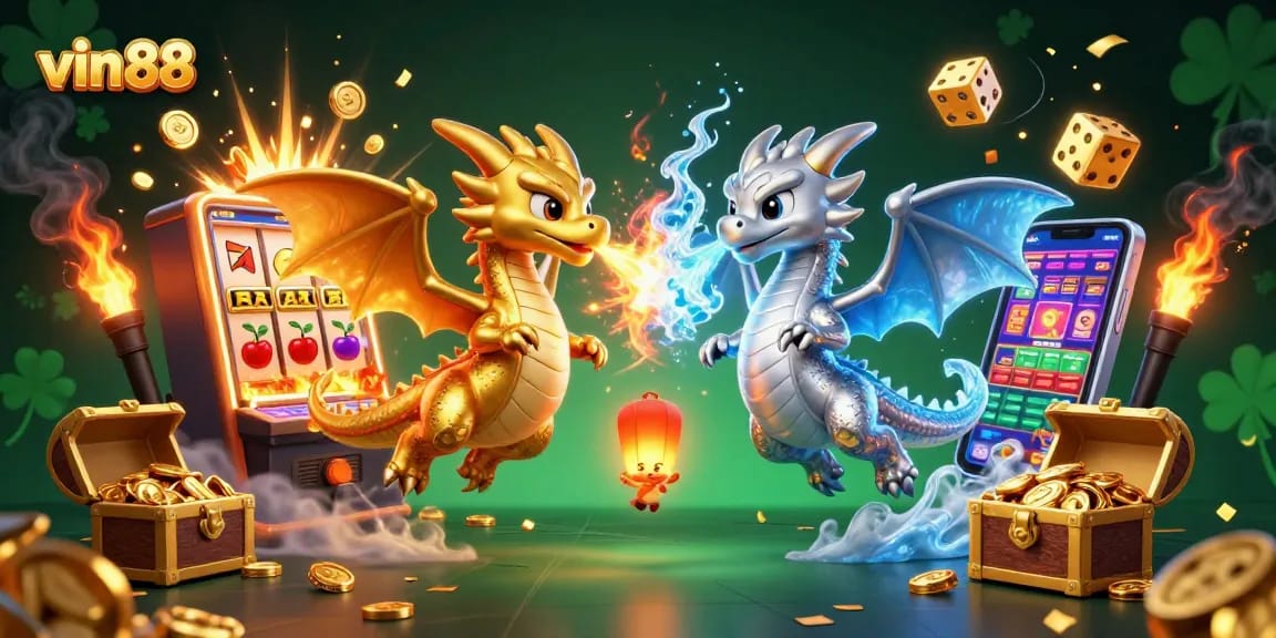 Spin to win with vin 88's vibrant casino scene featuring gold and silver dragons.