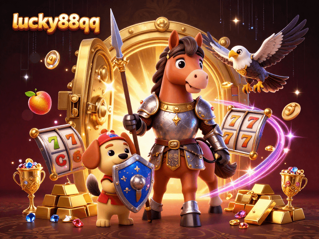 Engage with lucky88qq in this vibrant 3D illustration of slots and medieval adventures.