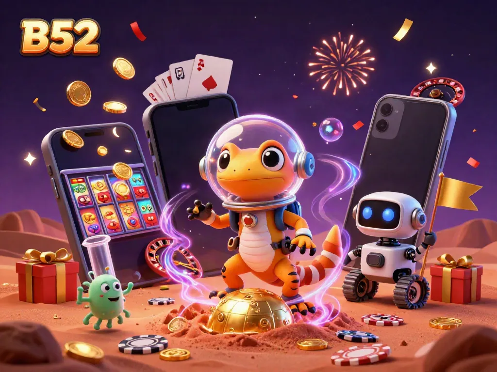 B52 Martian gecko and rover discover a golden casino amid confetti with dynamic gaming elements.