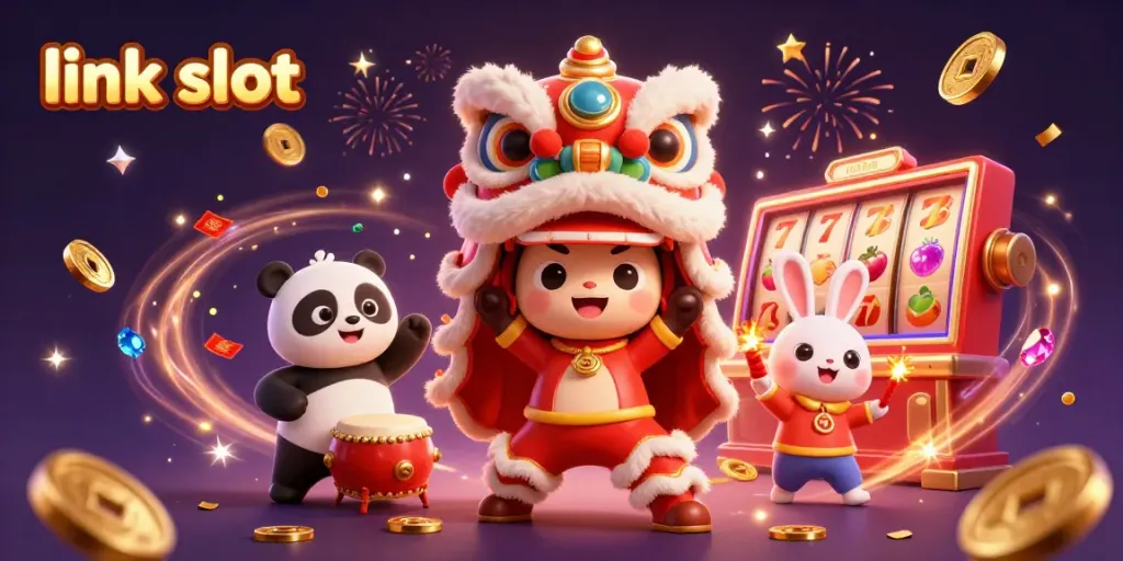 Experience the thrill of link slot gaming with vibrant characters and festive decorations