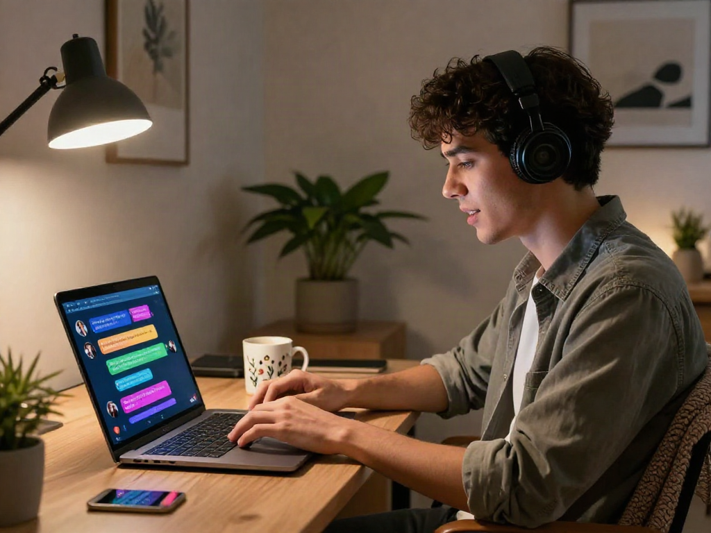 User engaged in an nsfw ai chat on a laptop in a cozy home office, showcasing vibrant chat interface.