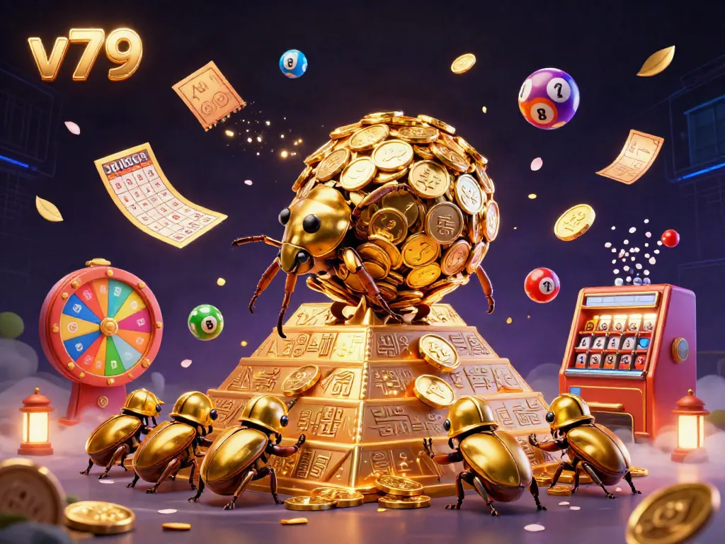 Engage in the exciting world of v79 casino games while witnessing golden beetles rolling coins in a vibrant lottery scene.