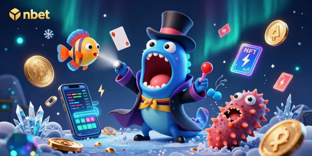 Engaging nbet illustration showcasing a gulper eel performing card tricks with cryptocurrencies in a vibrant casino scene.