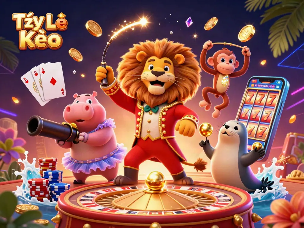 Tỷ Lệ Kèo illustration depicting lively casino characters with colorful game elements.