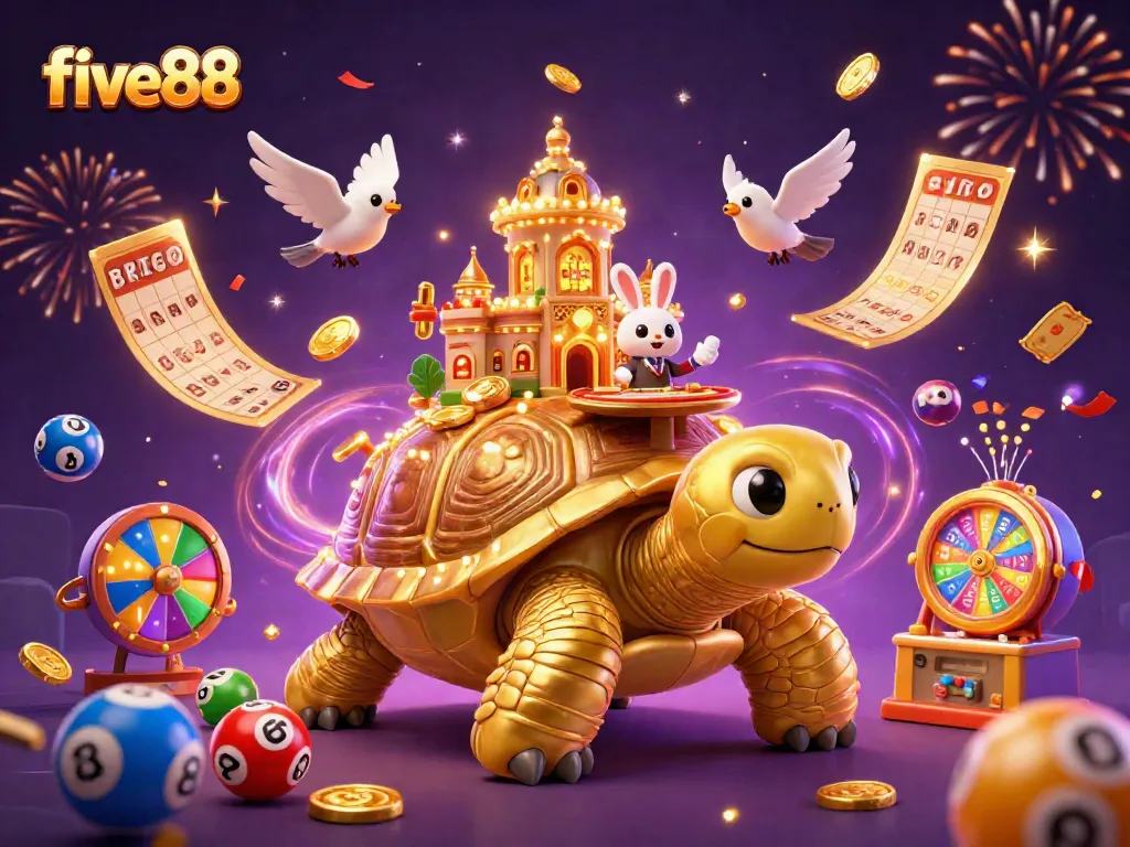 Experience the thrill of winning at five88 with a vibrant 3D casino scene, featuring colorful lottery elements.
