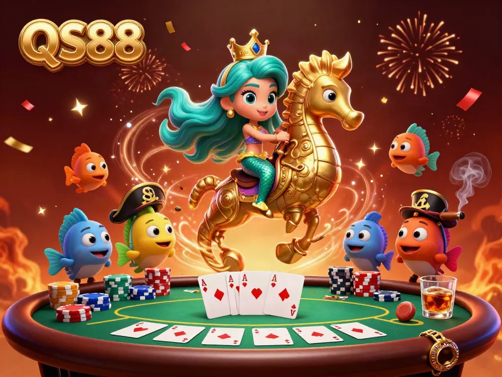 Experience the thrilling world of QS88 with a vibrant casino-themed 3D illustration, showcasing festive characters and gaming elements.