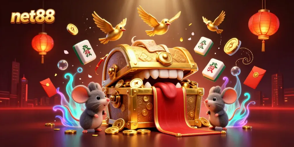 Experience thrilling action with net88's captivating treasures and games amidst vibrant casino elements.