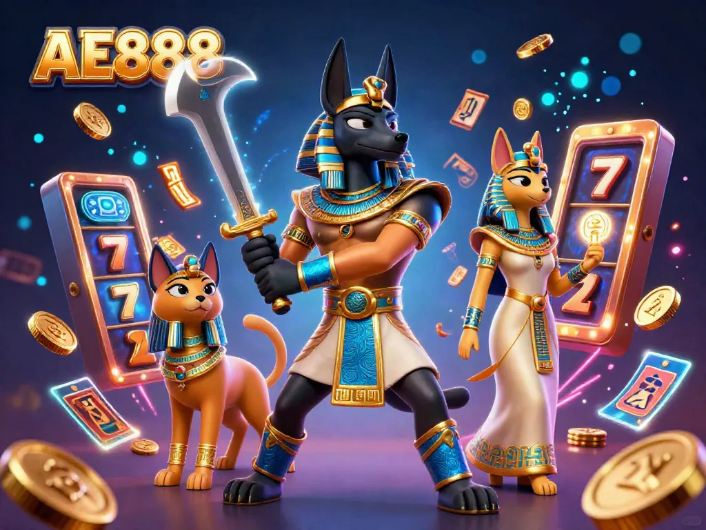 Experience the excitement of AE888 with a breathtaking scene of Anubis and Bastet amidst vibrant casino elements.