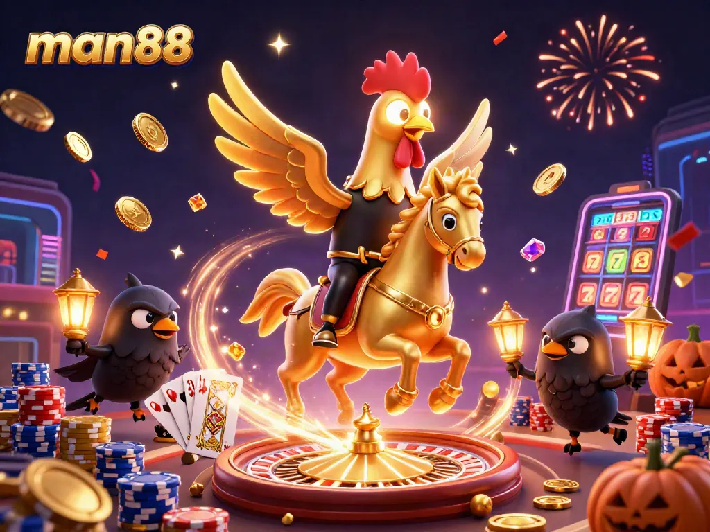 Experience thrilling gaming action with man88 in this vibrant casino scene featuring a golden rooster and playful crows.