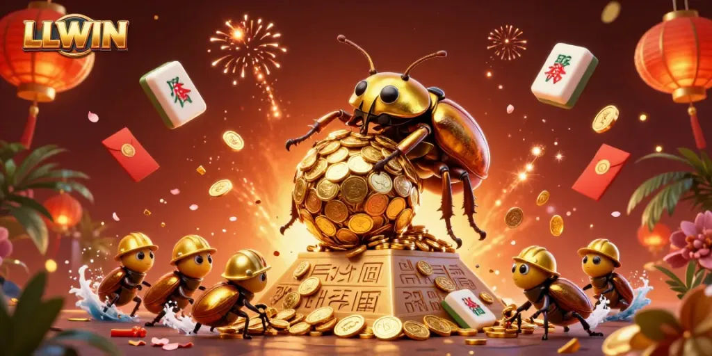 Experience LLWIN with a dynamic 3D illustration of a massive golden dung beetle rolling coins in a vibrant casino setting.