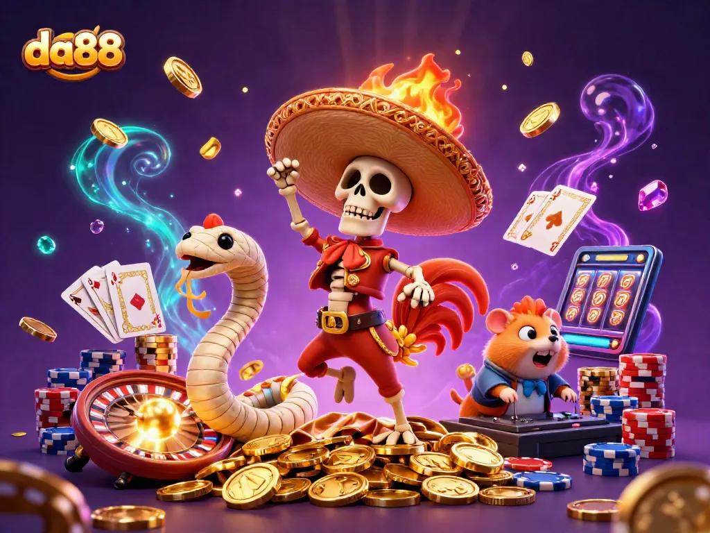 Play exciting games at da88 with golden coins and spinning roulette showcasing casino fun.