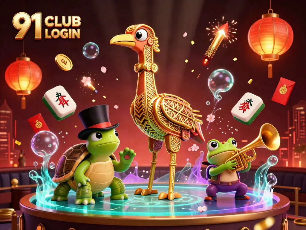 Experience the vibrant 91 CLUB LOGIN scene with a charming turtle and casino-themed elements.