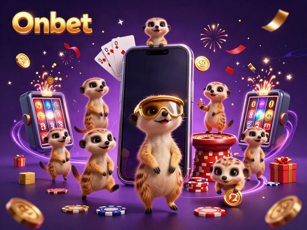 Experience thrilling casino action with Onbet's meerkat characters in a vibrant virtual scene.