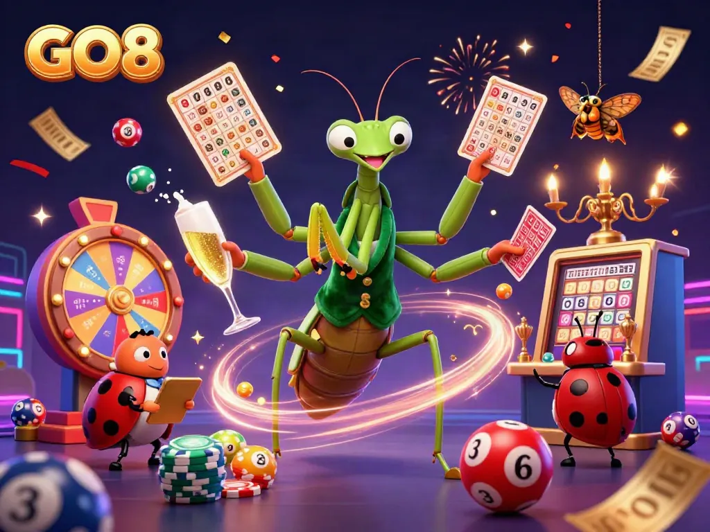 GO8 scene featuring a giant praying mantis card sharp dealing cards and dynamic gaming elements.