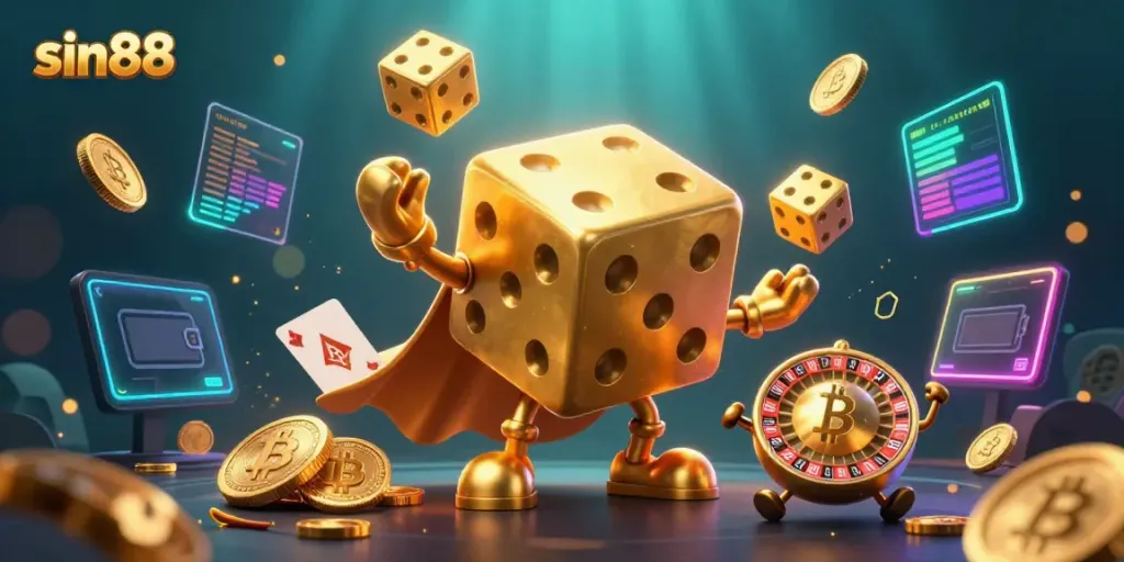 Experience the excitement of sin88 with golden dice golems and vibrant cryptocurrency elements.