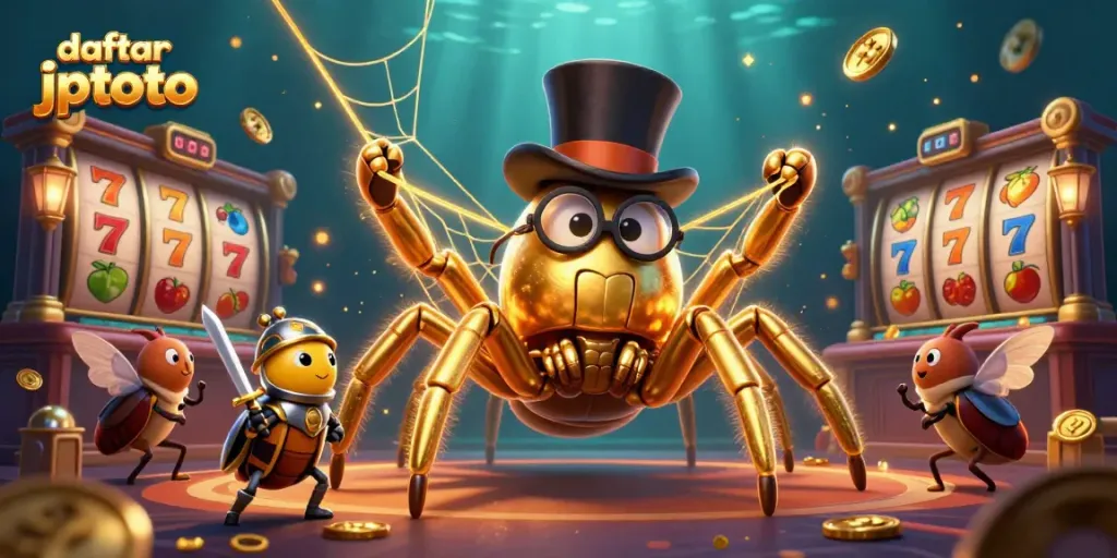 Engage with daftar jptoto as a golden tarantula weaves its web amid vibrant casino elements.