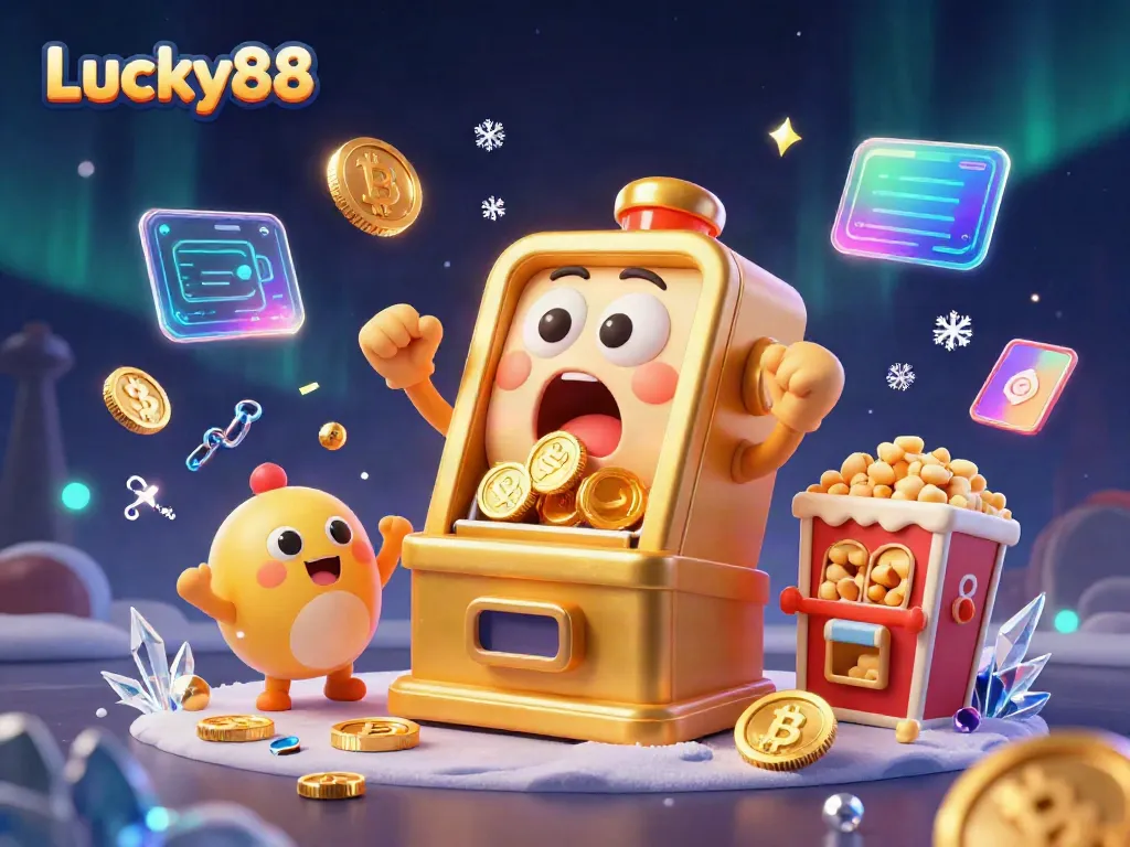 Experience a thrilling jackpot moment with Lucky88's golden slot machine and crypto elements.