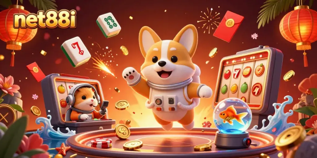 Experience net88i's exciting casino world with floating poker chips and a playful astronaut corgi.