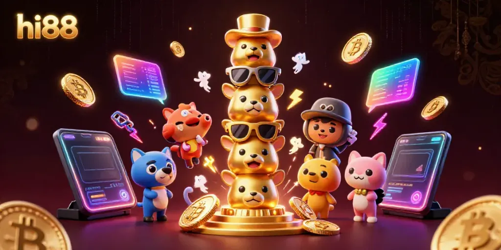 Experience excitement at hi88 with a vibrant digital casino scene showcasing a golden totem surrounded by glowing crypto coins.
