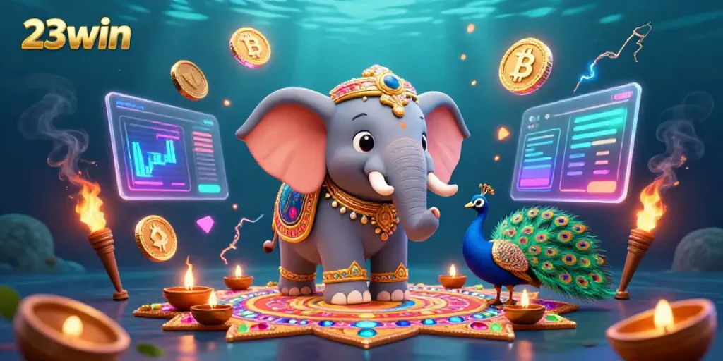 Experience casinos with 23win as Diwali elephant and peacock celebrate amidst vibrant crypto symbols.