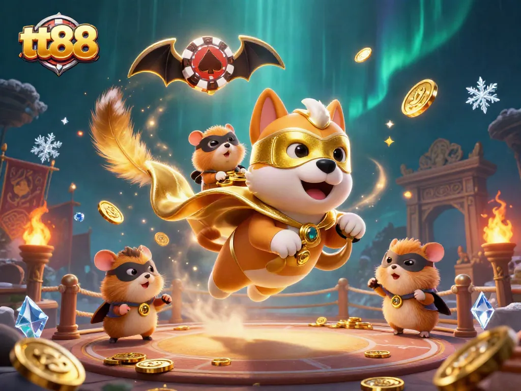 Engage in exciting wins at tt88 with a hero dog flying through gold coins amidst a thrilling casino scene.