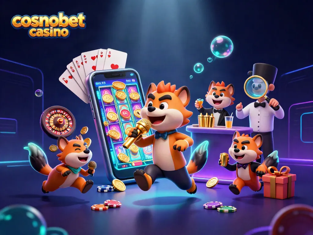 Experience vibrant fun at cosmobet casino with animated hyenas in a lively gambling scene.