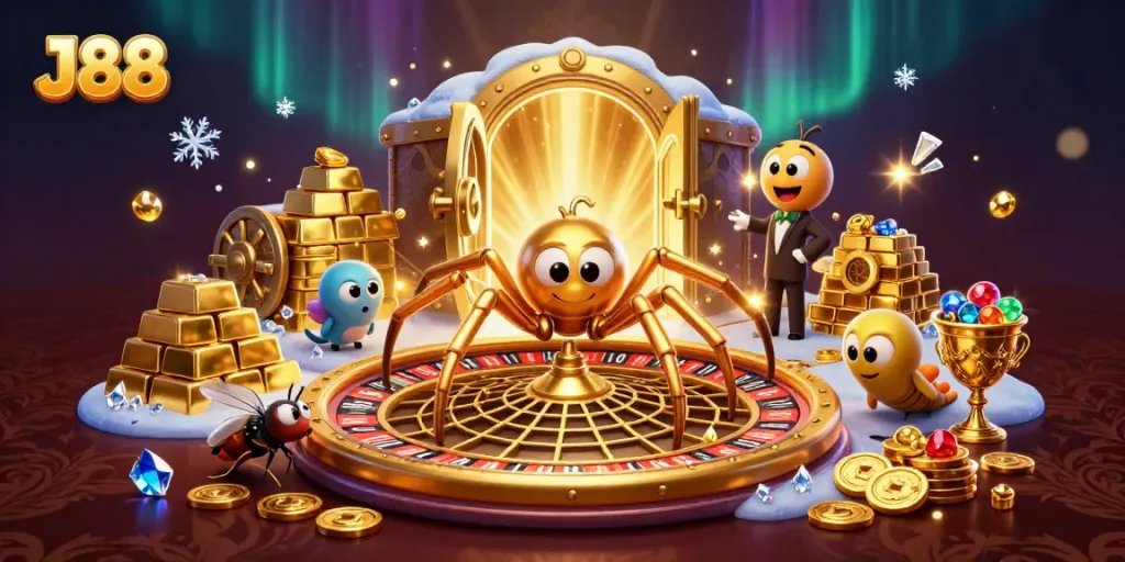 Place bets at J88 with a thrilling golden spider roulette scene, capturing excitement and wealth.