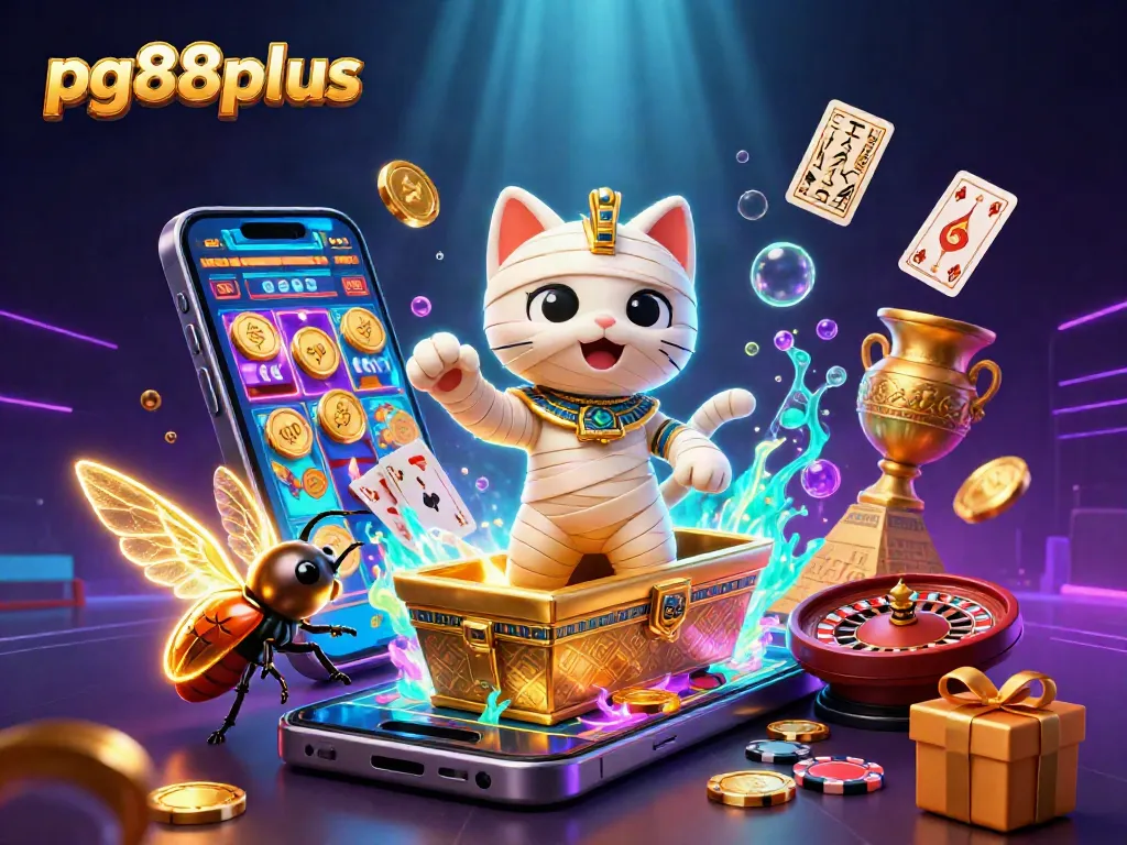 Spin to win with pg88plus showcasing an Egyptian mummy cat, golden casino elements, and vibrant slot games.
