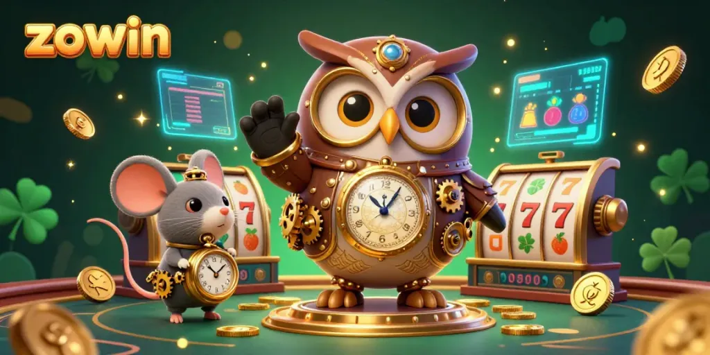 Experience epic slot winnings with Zowin in this vibrant 3D casino illustration showcasing action and excitement.