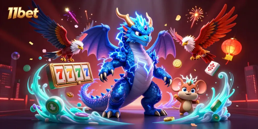 Experience the dynamics of 11bet with an electrifying casino-themed illustration featuring vibrant characters and elements.