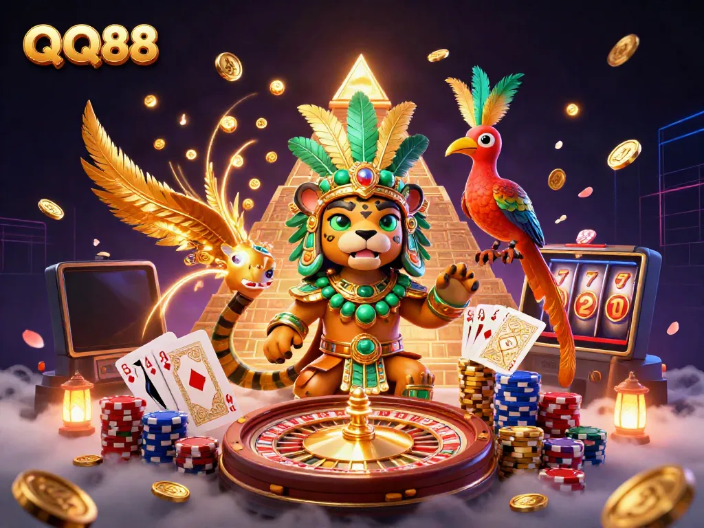 Experience the thrilling world of QQ88 with a colorful, vibrant casino scene showcasing games and rich illustrations.