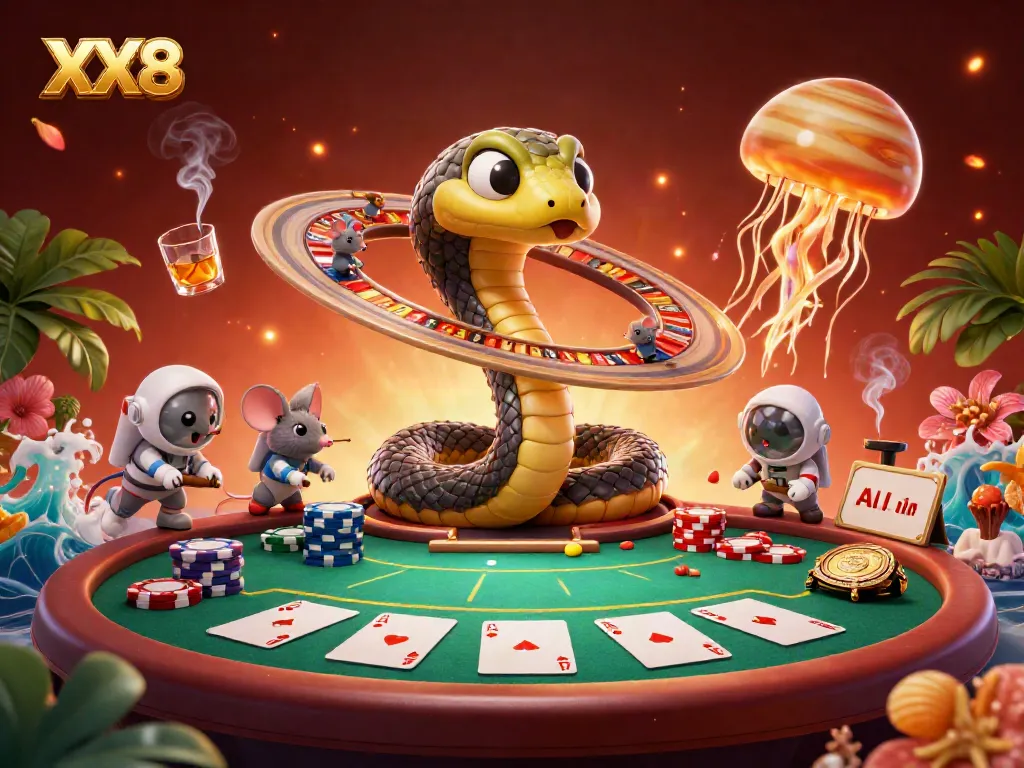 Engage in thrilling bets with XX8's cartoon cosmic casino scene showcasing unique characters and vibrant game elements.