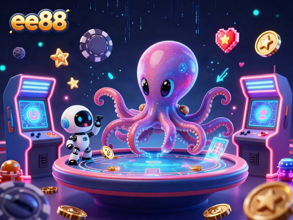 Engage in thrilling games with ee88 as an alien octopus controls a poker table in a cosmic casino.