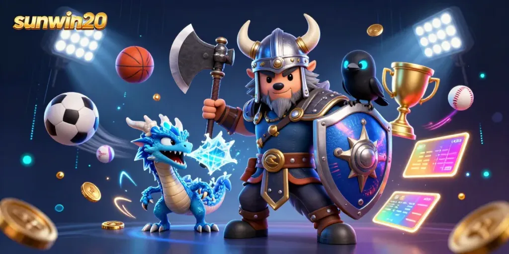 Experience the excitement of sunwin20 with cartoon characters and sports elements in a dynamic casino illustration.
