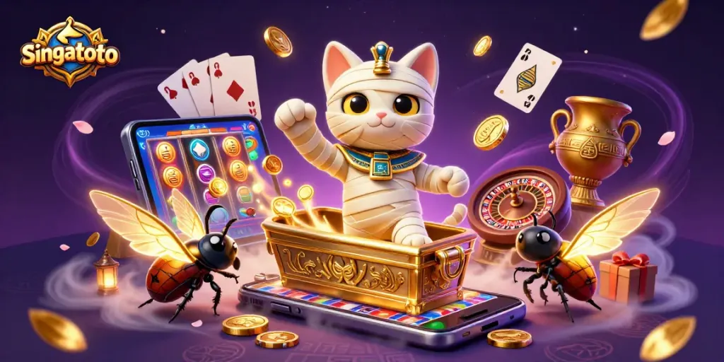 Experience thrilling gameplay with singatoto's Egyptian mummy cat and glowing golden scarab in a vibrant casino.