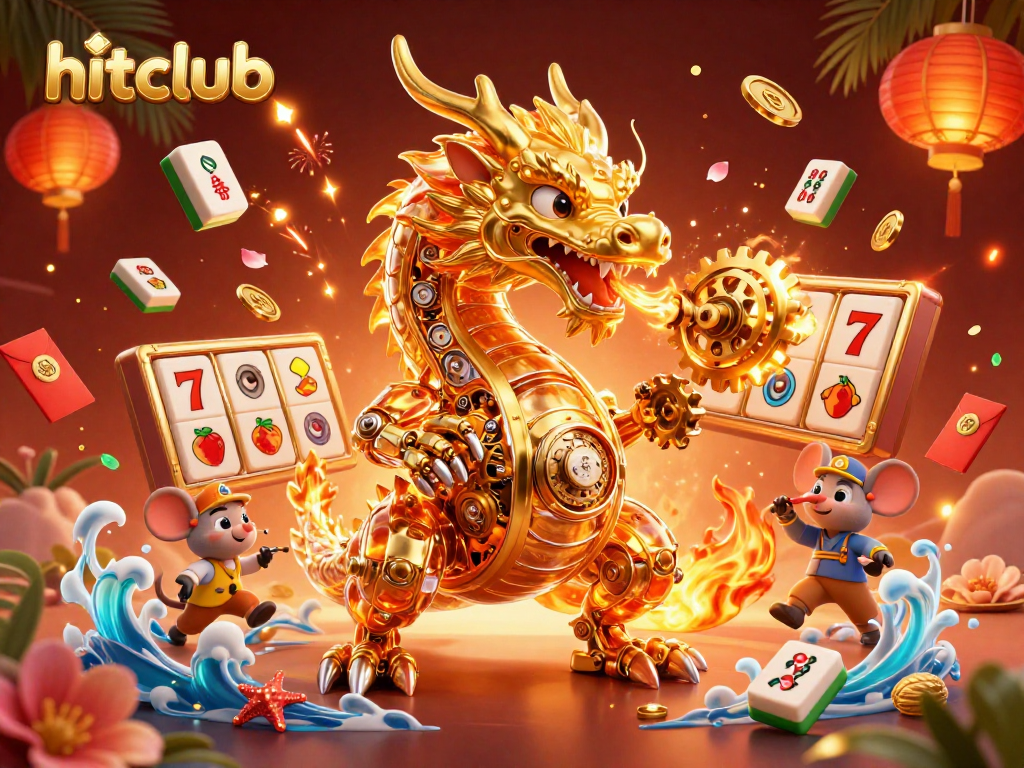 Experience the thrilling action at hitclub with a vibrant golden dragon amid casino elements.