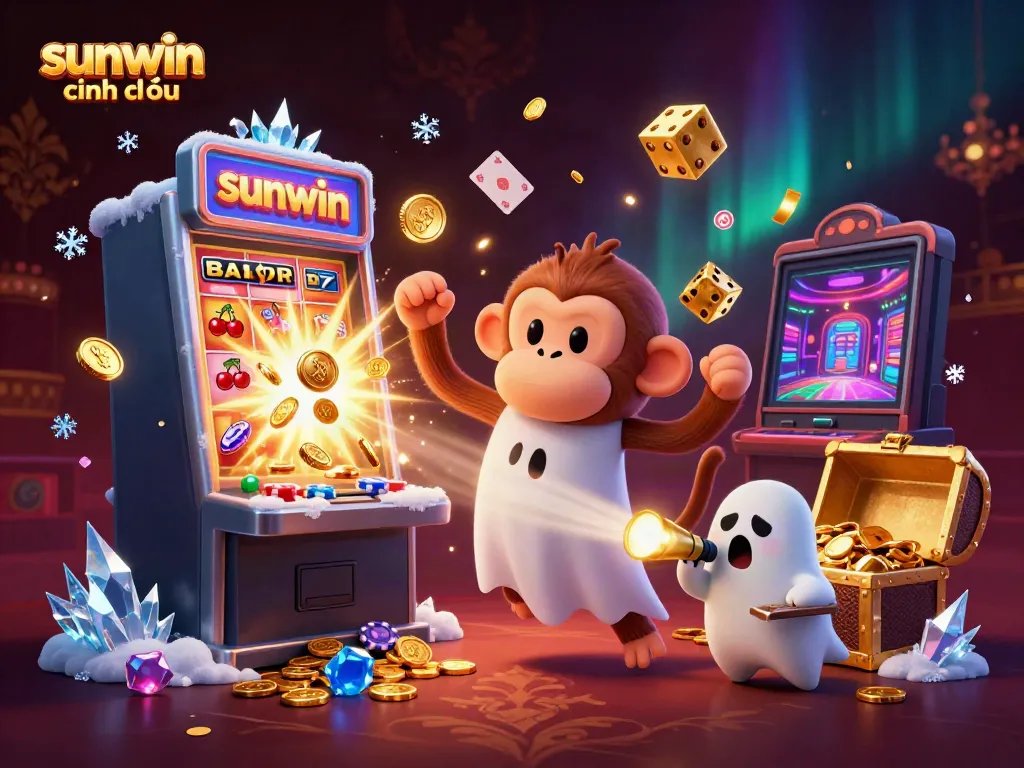 Experience the excitement at sunwin chính thức with a lively 3D gaming scene featuring a mischievous monkey and curious puppy surrounded by a jackpot of coins.