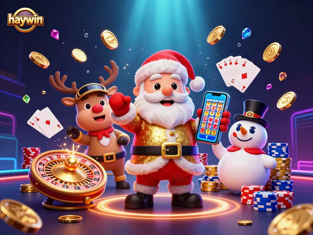 Join the excitement of haywin with Santa and friends at a vibrant casino jackpot celebration!
