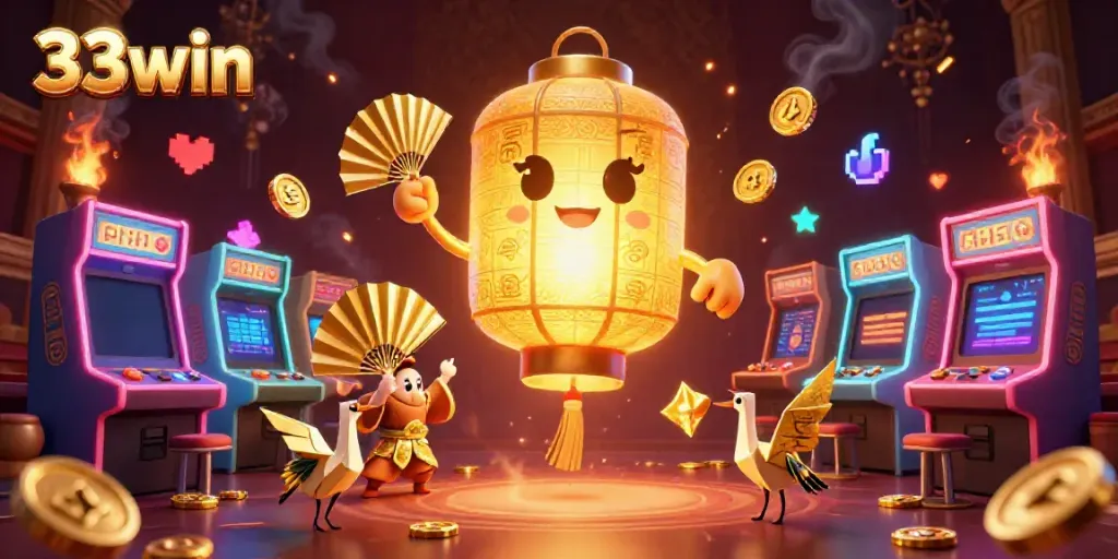 Engage with 33win in an ultra-detailed casino scene featuring a golden lantern spirit and arcade elements.