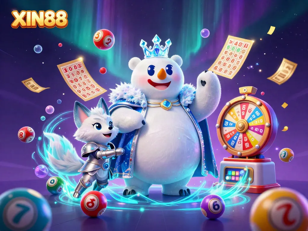 XIN88 offers dynamic gameplay with a cartoon ice king and snow fox surrounded by vibrant gambling elements.