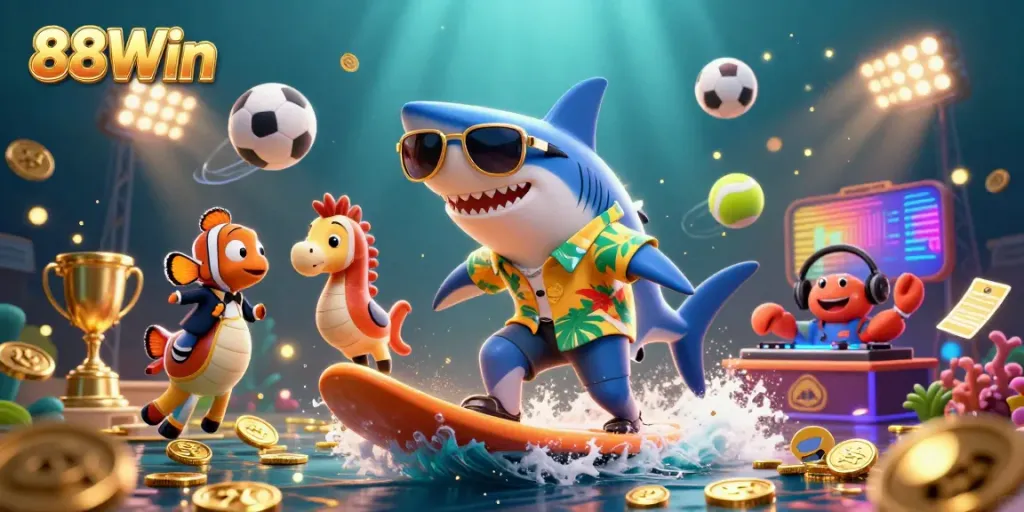 Experience thrilling wins at 88Win with this vibrant illustration of a cartoon shark surfing on gold coins, highlighting exciting casino action.
