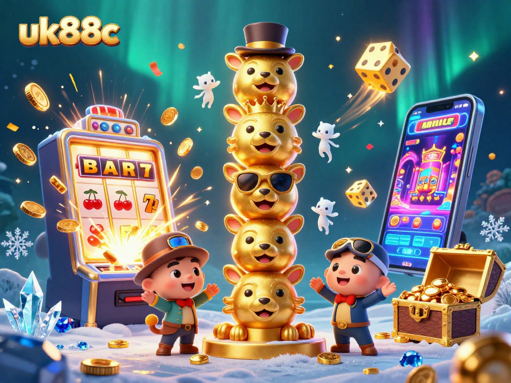 Spin and win with uk88c at a vibrant 3D casino-themed illustration bursting with action!